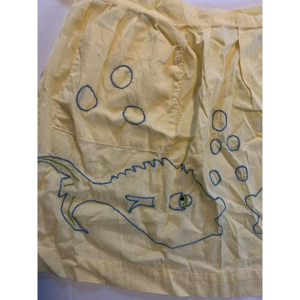 Vintage 70s Retro Grandma Yellow Checkered Half Apron w/ Pocket Cute!! With Fish
